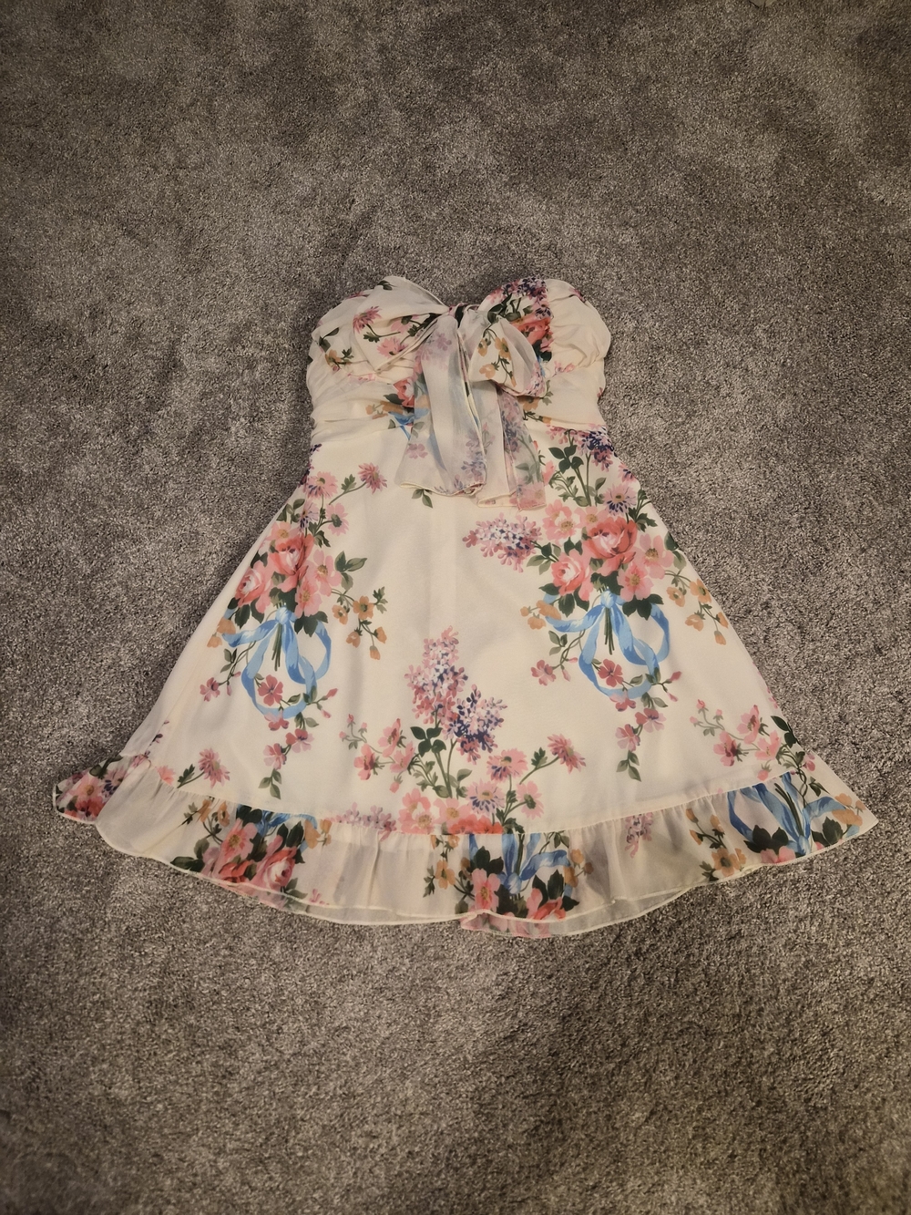 Cream Floral Strapless Dress with Bow